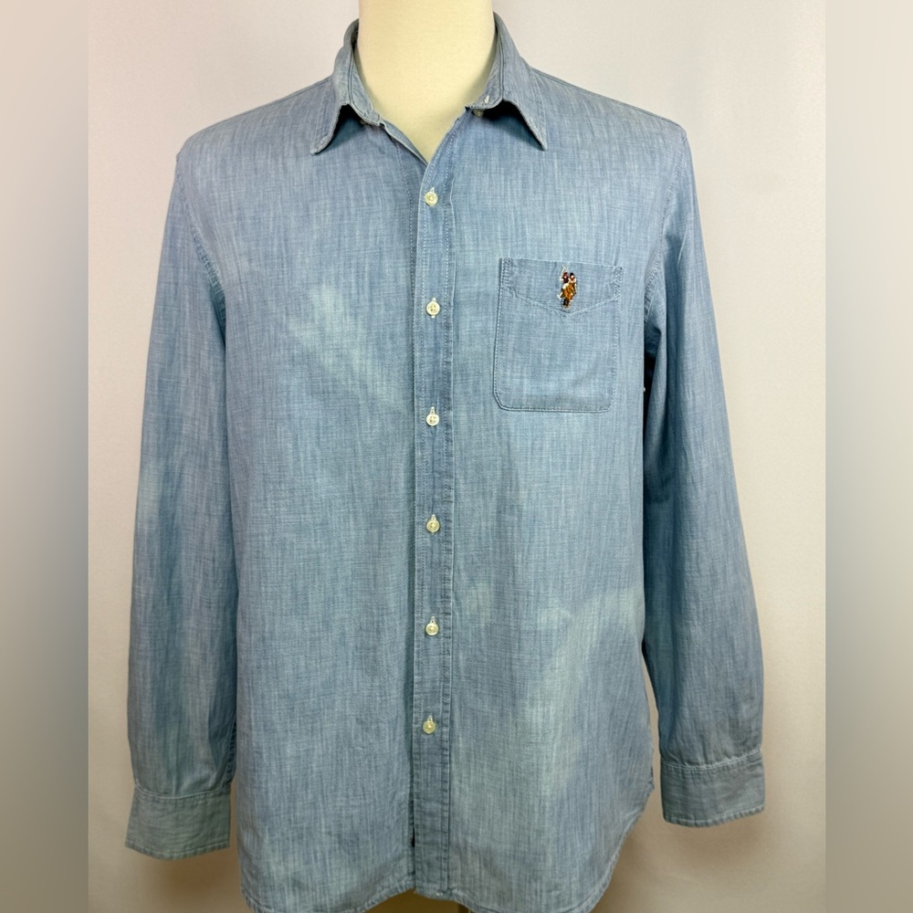 US Polo Assn Mens Button Down Light Blue Wash Shirt Large L Long Sleeve Solid